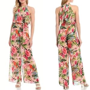 ELIZA J FLORAL CHIFFON ALTER NECK TIERED POPOVER JUMPSUIT